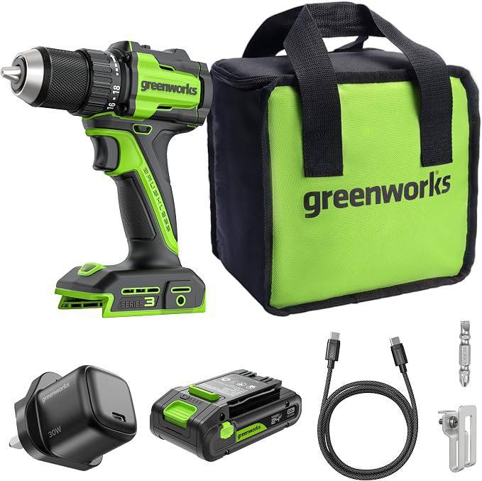 🔥 GREENWORKS 24V 1/2″ Brushless Cordless Drill (400 In-lbs.), 2.0Ah (12,000mAh Power Bank) USB-C Batteries, 3.3 FT Braided  — $54  (was $139)