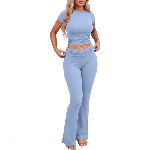 🔥 Ekouaer Womens Pajama Set Short Sleeve Crop Top Foldover Flare Pants  — $10.99  (was $29.99)