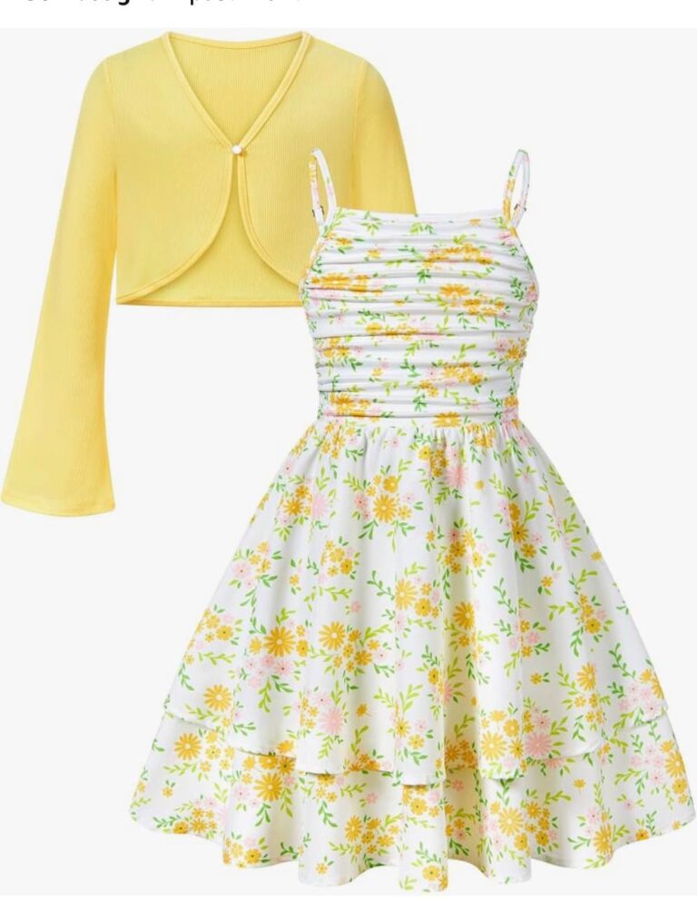 🔥 Girls Layered Ruched Dress for 7-16Y Adjustable Strap Outfit with Cardigan  — $8  (was $36)