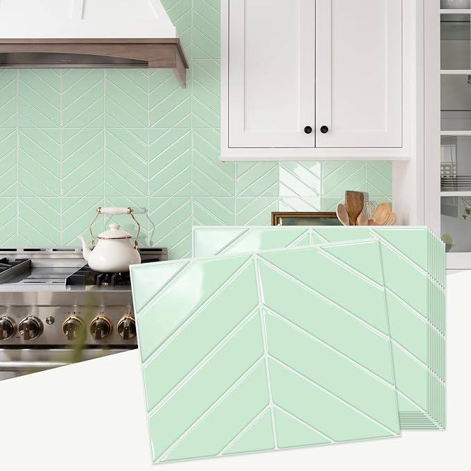 🔥 STICKGOO Herringbone Peel and Stick Backsplash, Light Green, 10 Sheets 12.6 x 9.7 in, Thicker Rectangular Vinyl Stick-On  — $26  (was $44)