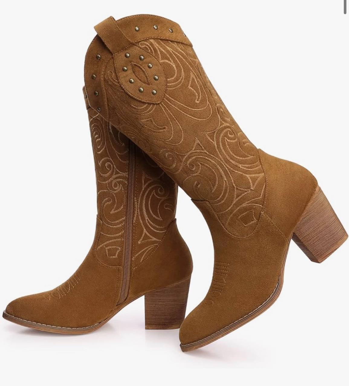 Women Cowboy Cowgirl Boots: Western Mid Calf Chunky Low Heel Boot