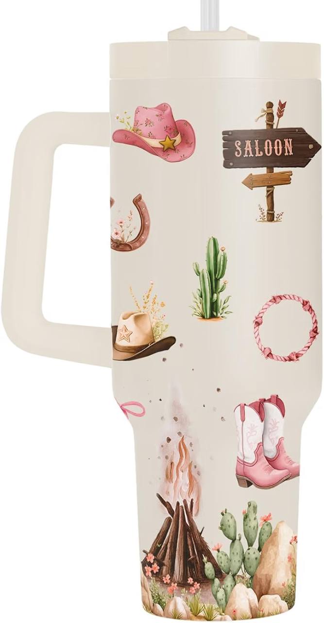 🔥 Fancyfams Cowgirl Tumbler with Handle 40oz, Insulated Stainless Steel Travel Mug for Women, Pink Western Coquette, Cup H  — $9  (was $23)