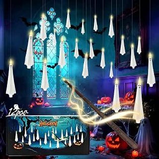 Ghost Flameless Floating Candles with Wand Remote, 12 Pcs Magic Flickering Battery Operated LED Hanging Taper Candles fo — $16 (was $32)