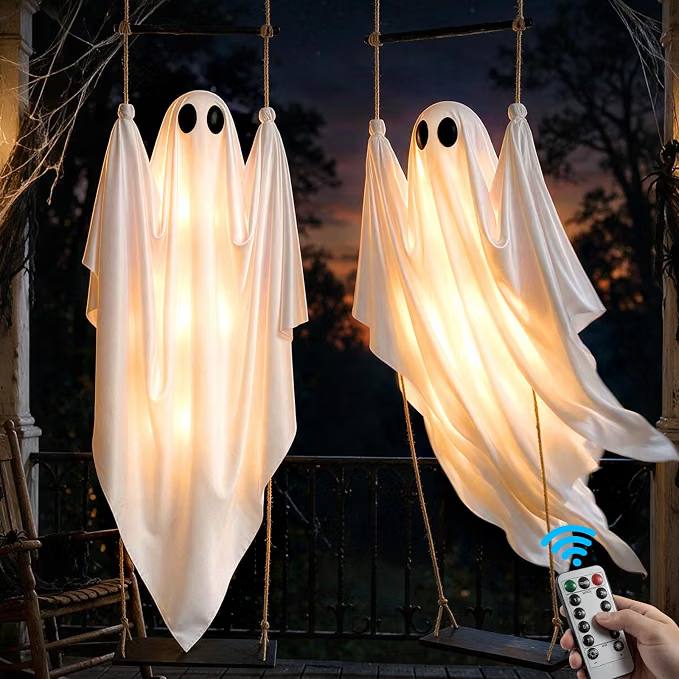 DUSFAN 2 Pack Halloween Decorations Outdoor, 5 FT Pre-Assembled Hanging Swinging Ghosts with Adjustable Arms, 8 Light Mo — $54 (was $119)