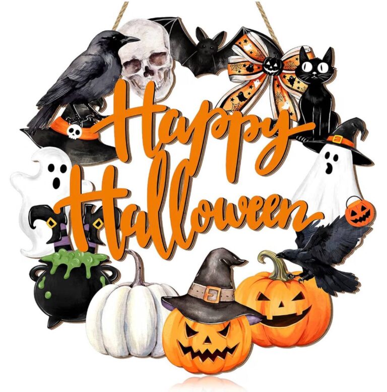 Happy Halloween Wood Wreath Ghost Black Cat Pumpkin Skull Door Hanging Sign Decorations, Rustic Spooky Halloween Wooden  — $4 (was $8)